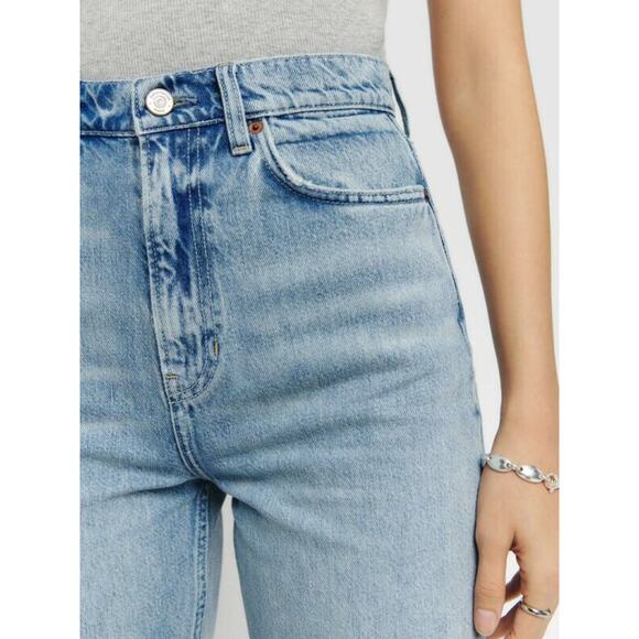 Reformation Wilder High Rise Wide Leg Cropped Jeans Raw Hem Rigid Denim Size 28 - Picture 5 of 14